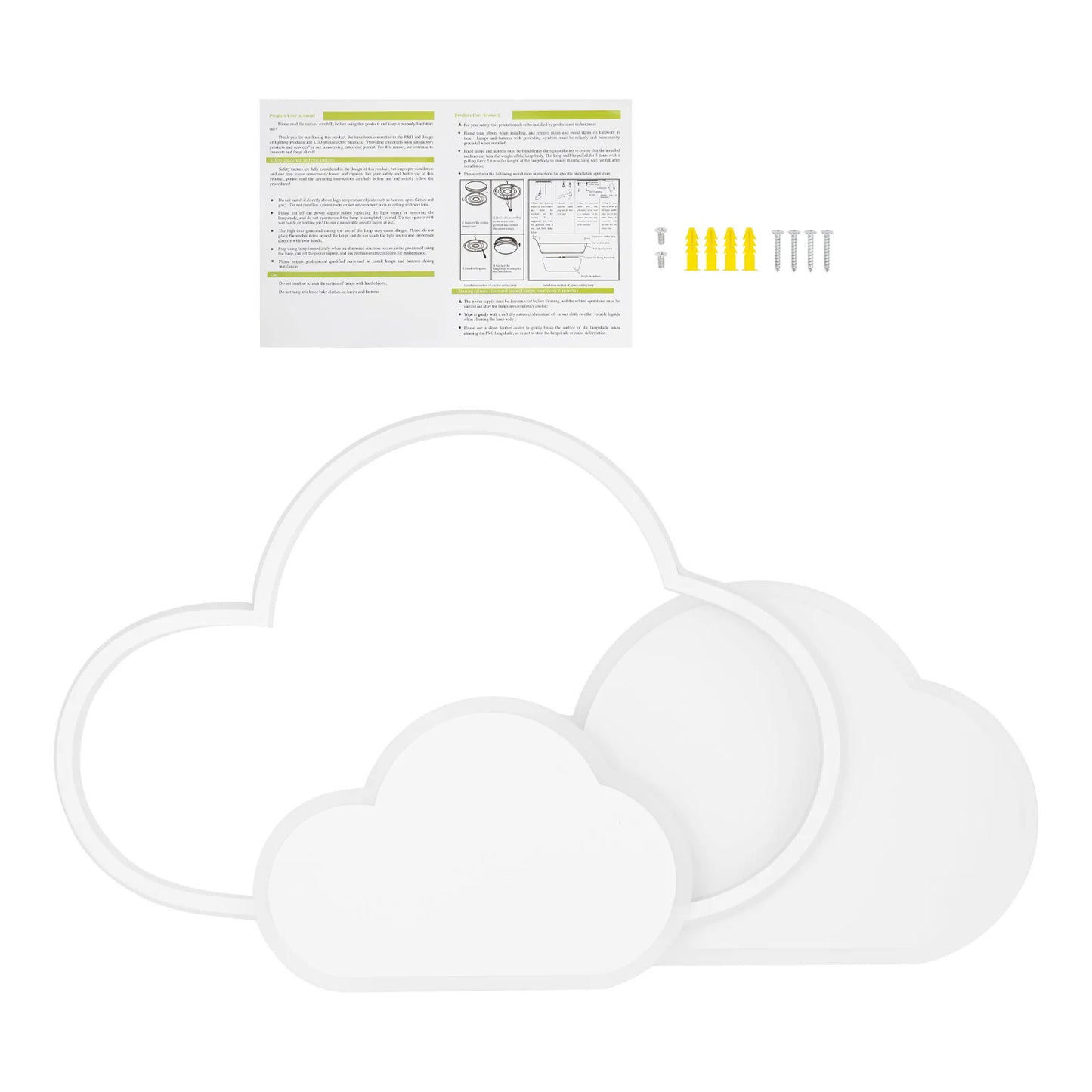 cloud ceiling lamp package contents with mounting hardware and manual
