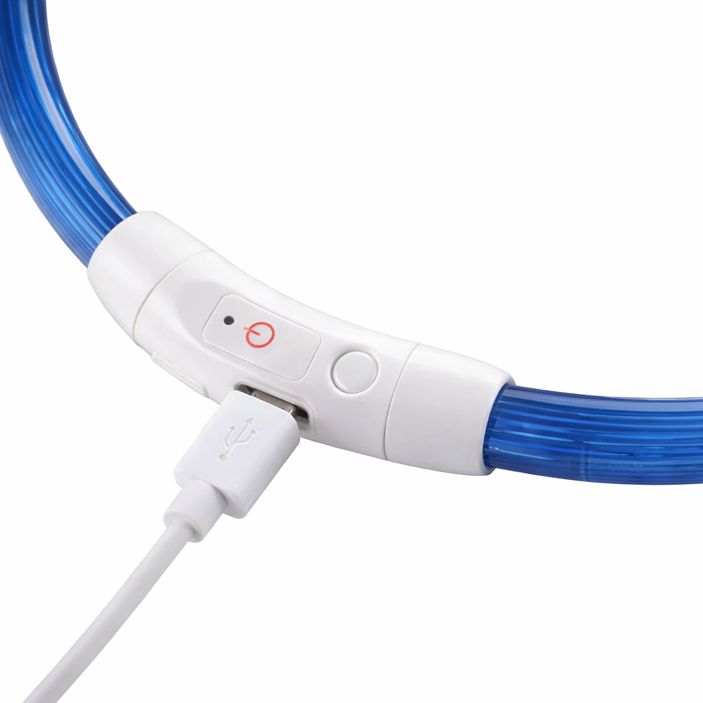 USB rechargeable dog collar with light showing charging port and cable