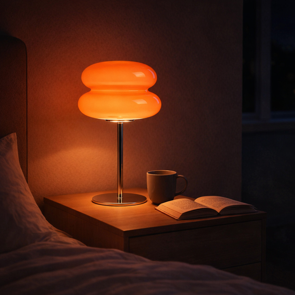 mini led lamp warm glow on bedside table with book and coffee