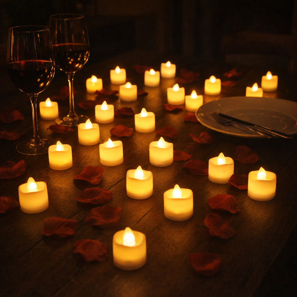 rechargeable battery tea lights romantic dinner table with wine and rose petals