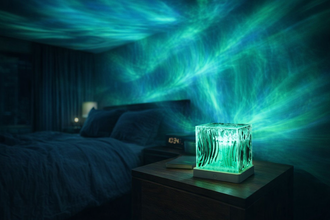 aurora projector northern and southern lights in dark bedroom