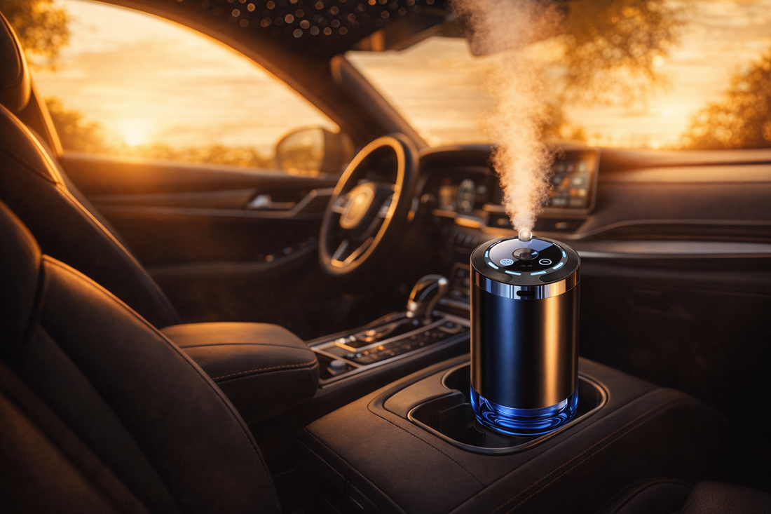 essential oil car diffuser in a car cupholder at golden hour