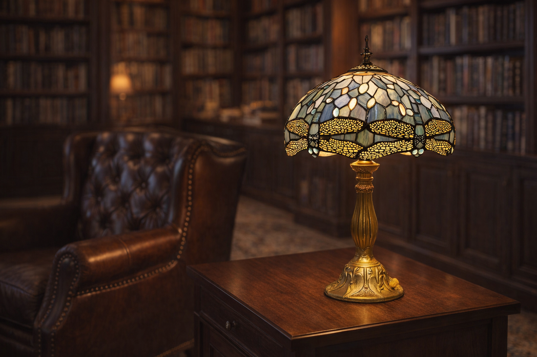 tiffany dragonfly lamp in an elegant living room setting