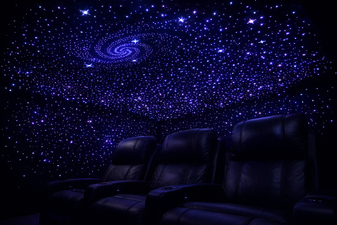 fiber optic star ceiling in home theater with blue and purple starlight