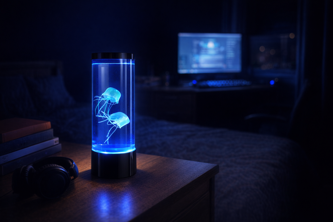 fake jellyfish tank glowing blue on a desk in a cozy bedroom
