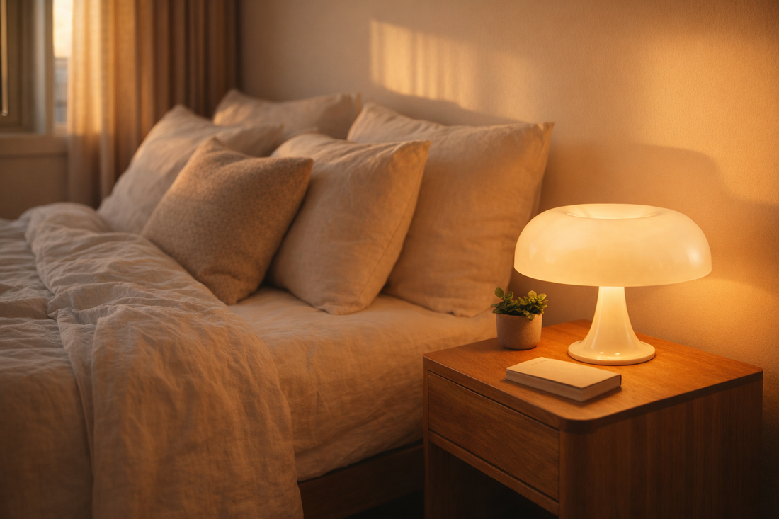 mushroom decor lamp on a cozy bedroom nightstand