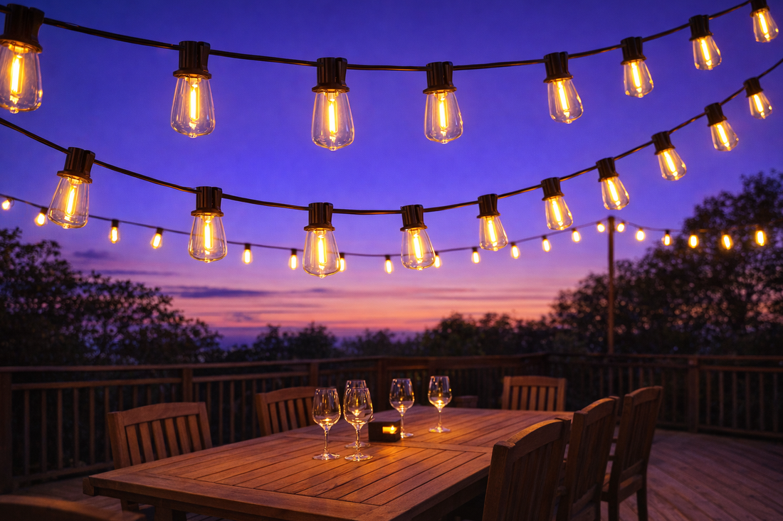 how to hang outdoor string lights on a patio deck at golden hour