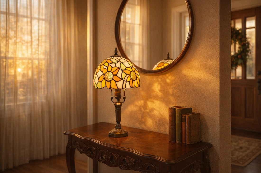 tiffany style table lamps on a console table in a warm living room