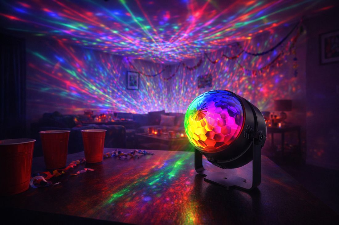 disco party decorations with RGB disco ball lights in dark living room
