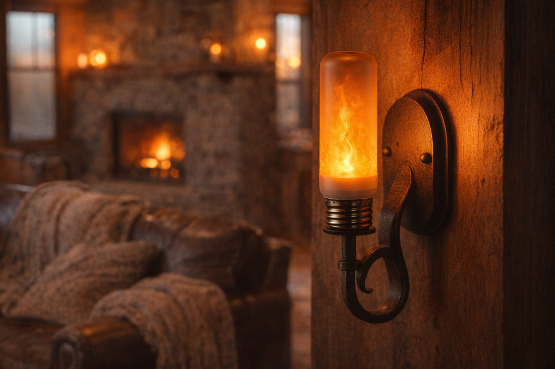 Flickering flame light bulb glowing in a cozy cabin wall sconce