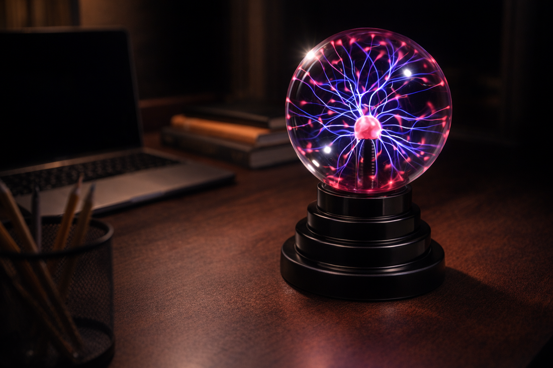how does a plasma ball work - plasma globe glowing on desk