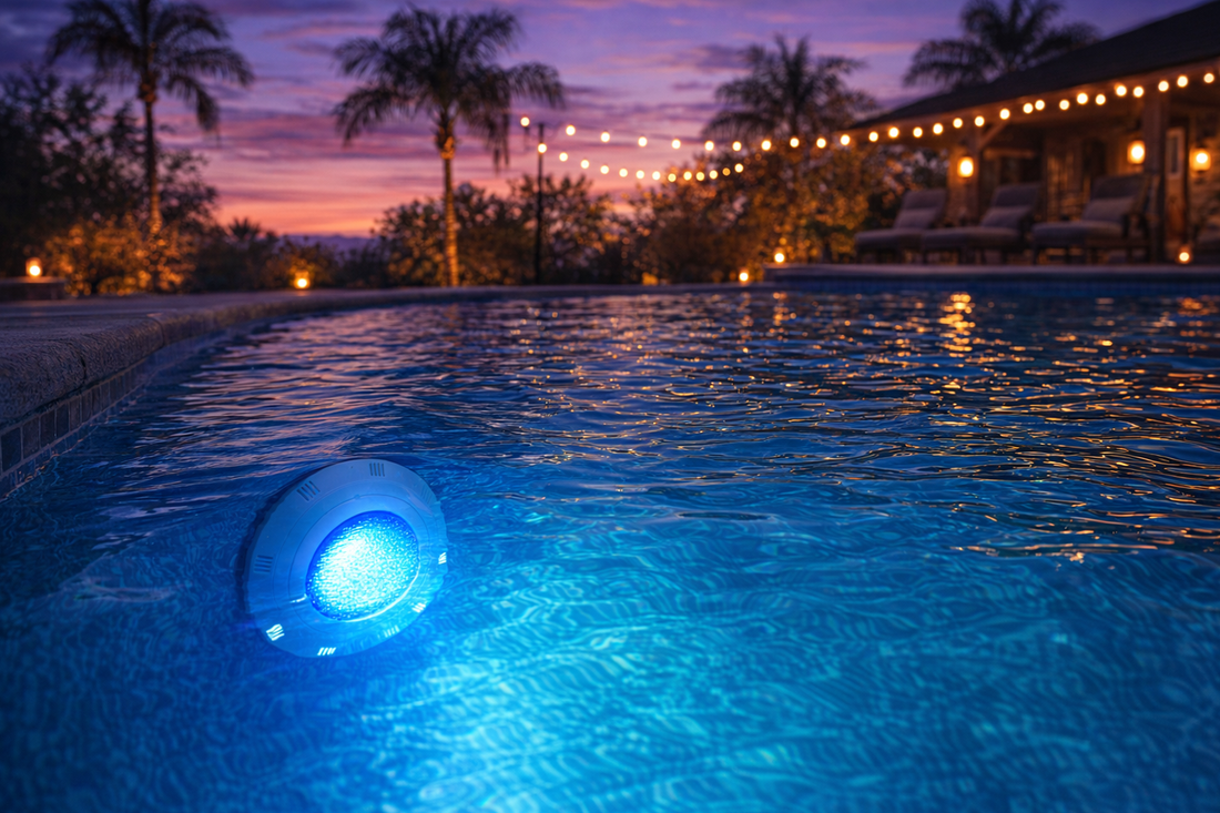 pool lighting ideas with LED lights glowing blue in luxury backyard pool at twilight