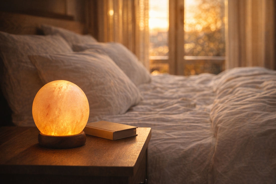 salt lamp benefits warm amber glow on nightstand