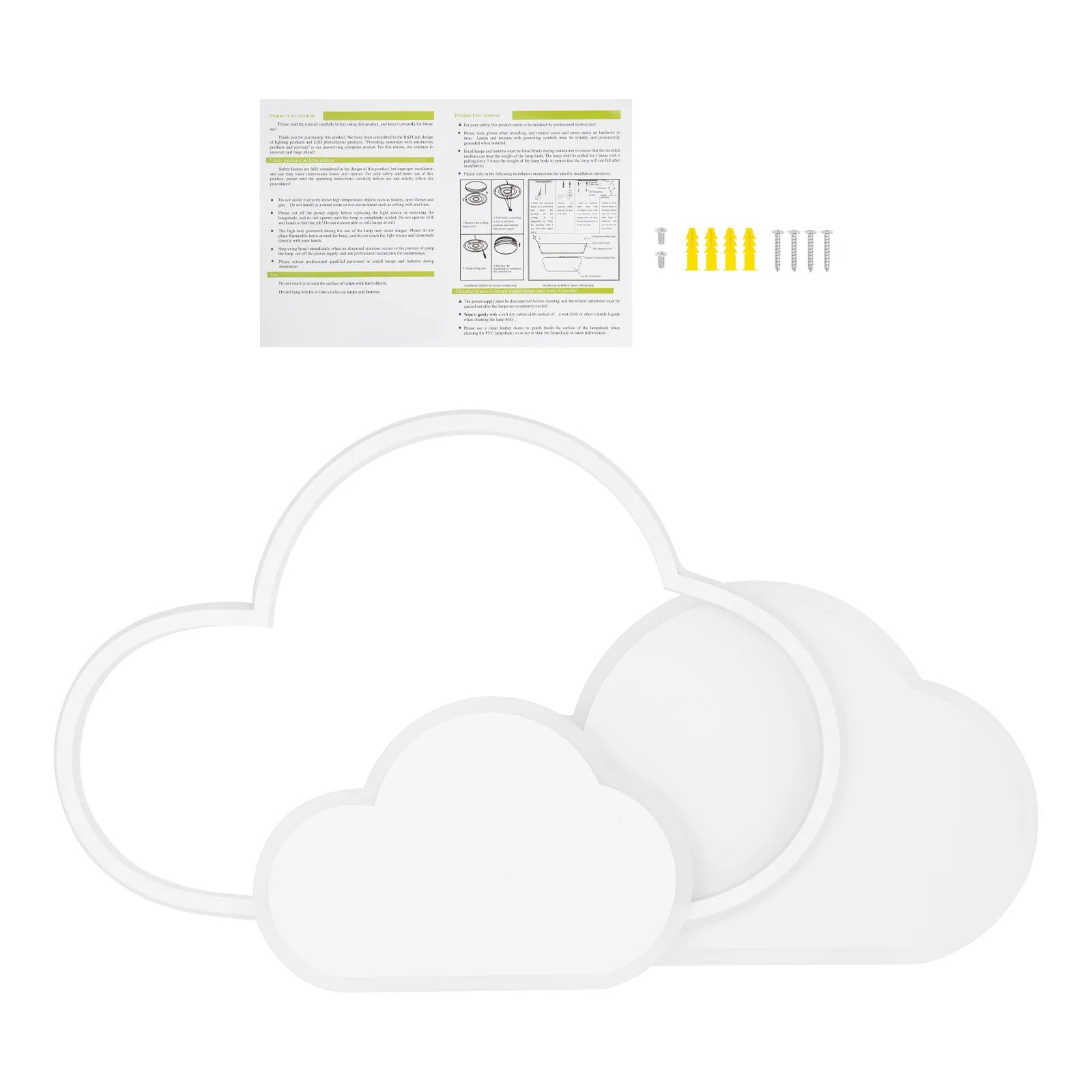 cloud ceiling lamp package contents with mounting hardware and manual