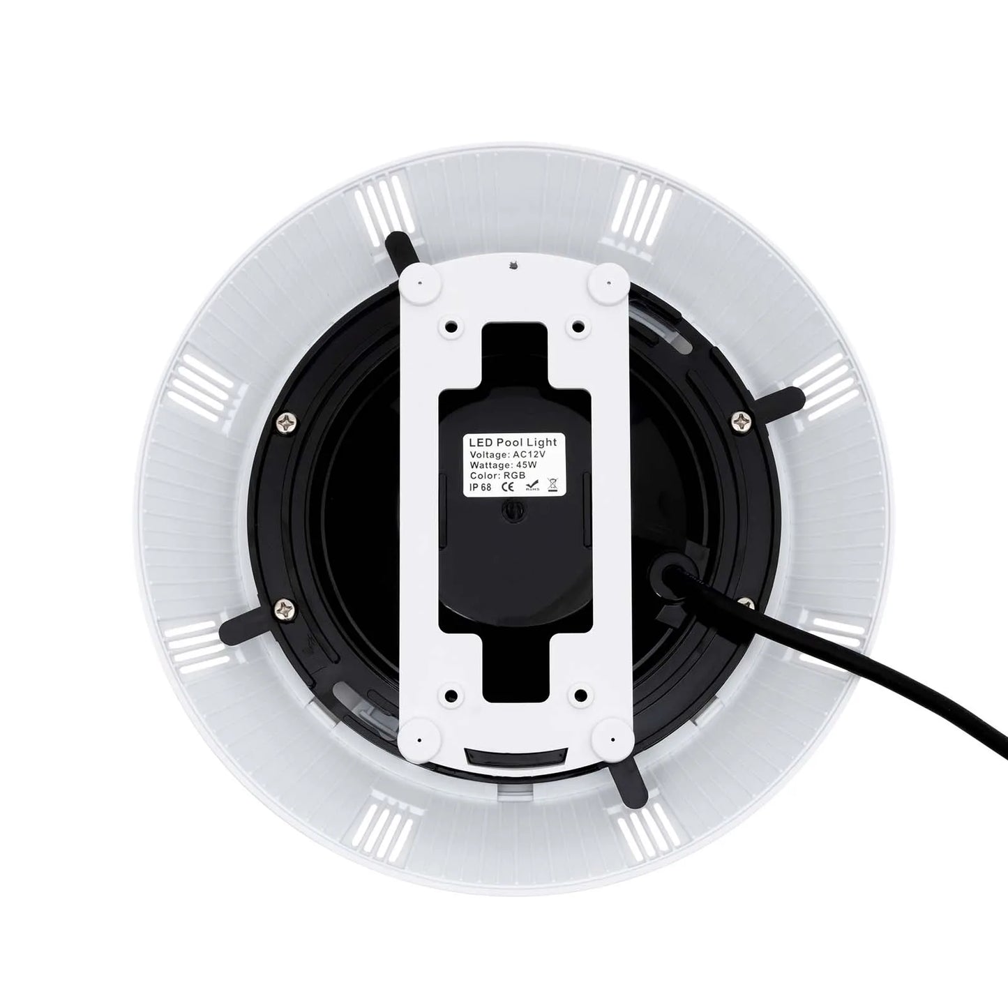 led pool light back view showing AC12V specs and mounting hardware