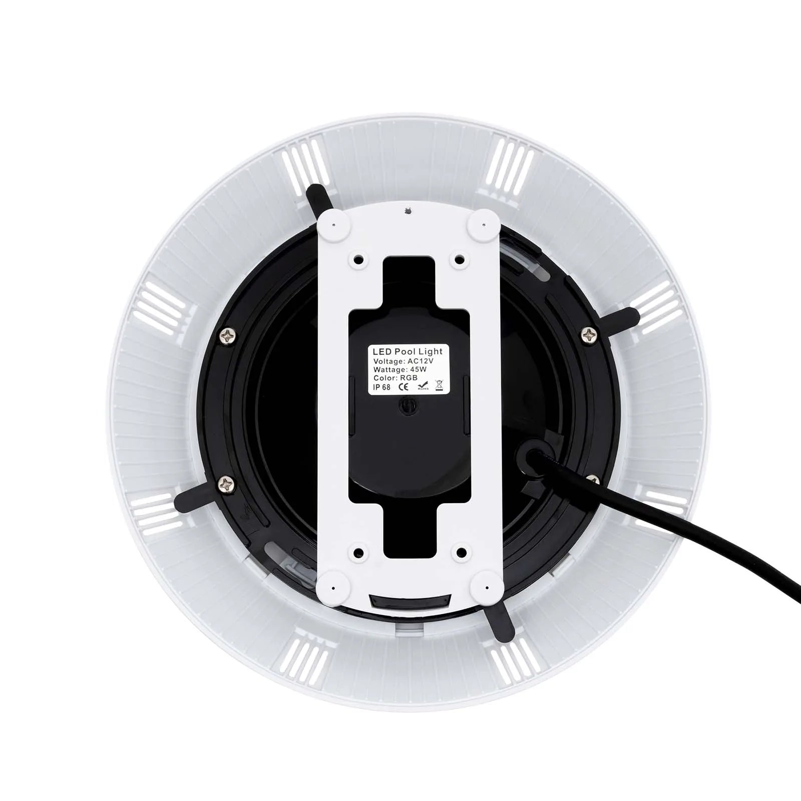 led pool light back view showing AC12V specs and mounting hardware