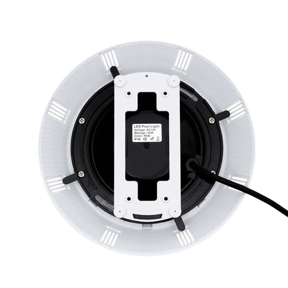 led pool light back view showing AC12V specs and mounting hardware