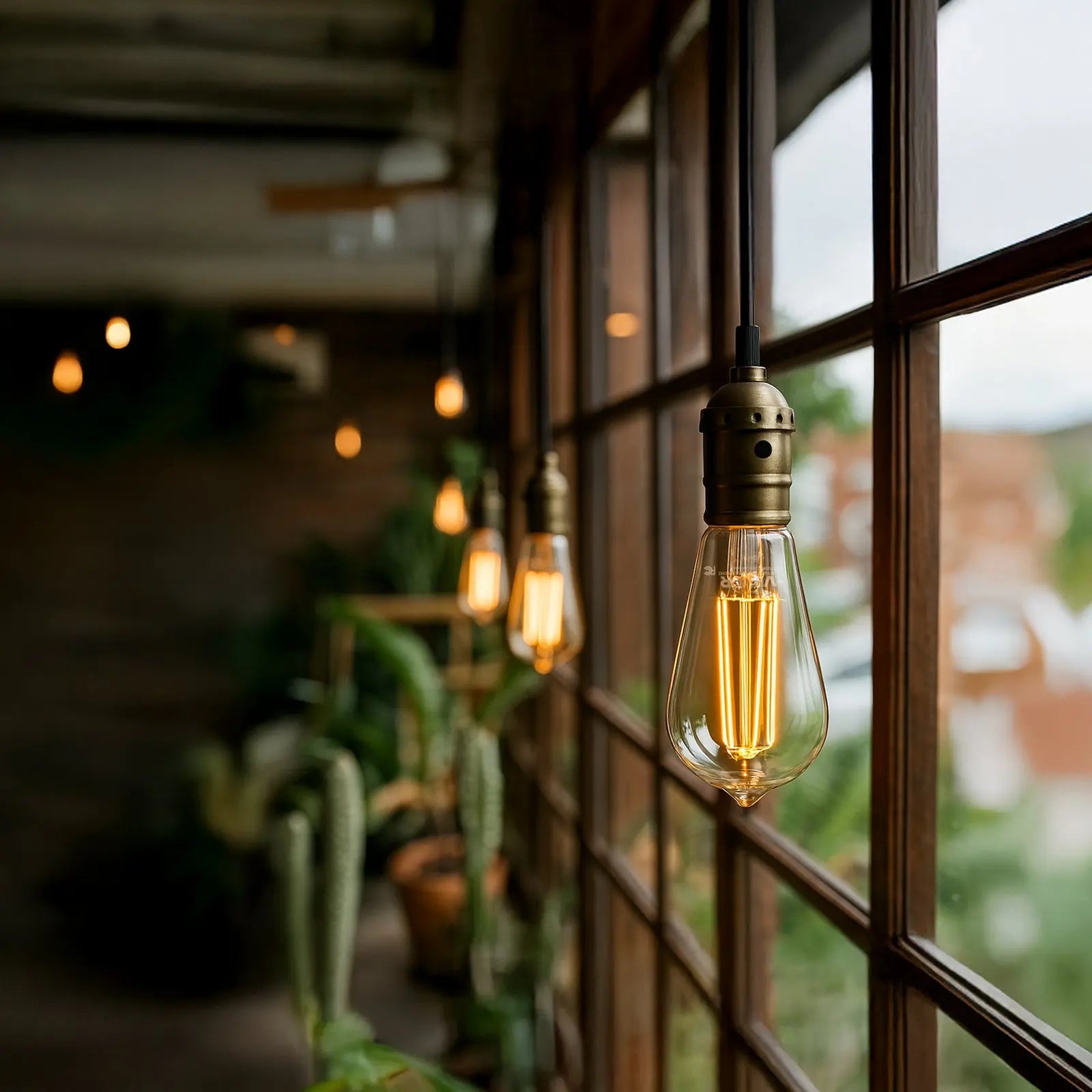 decorative light bulbs glowing warm in cafe pendant fixtures