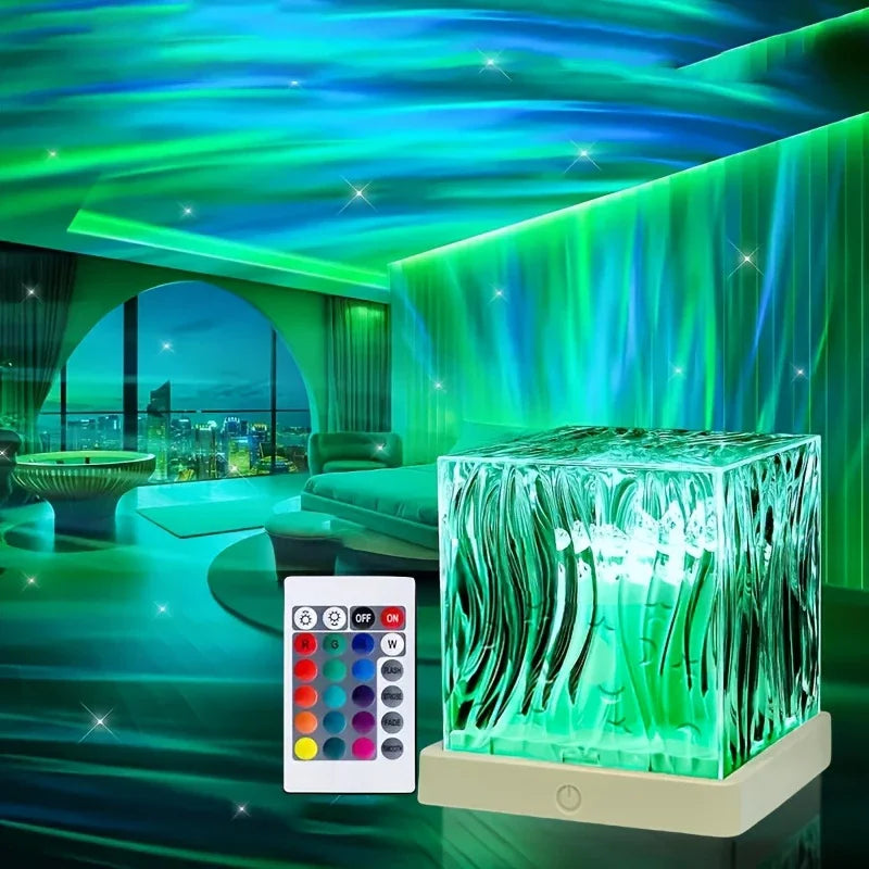 northern lights projector cube with aurora pattern on dark background