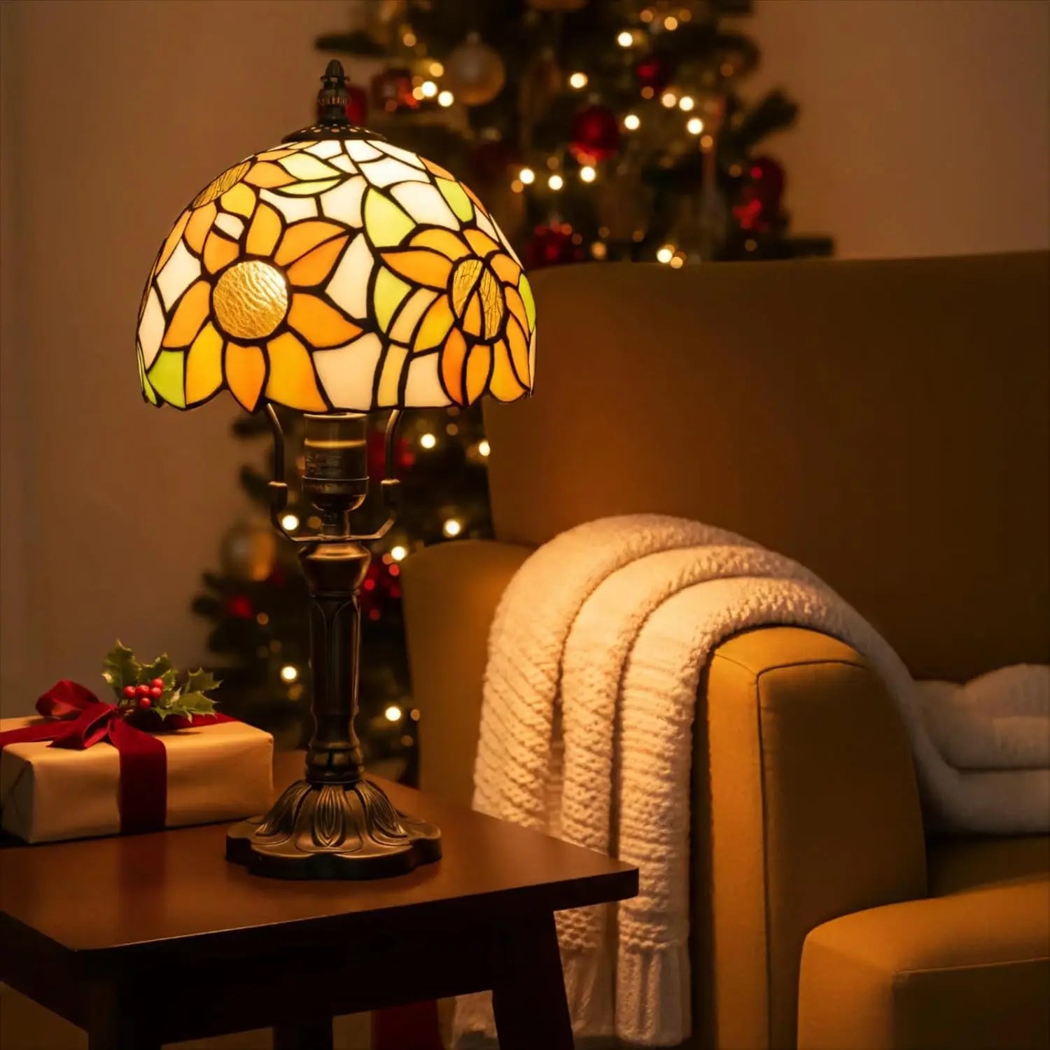 stained glass lamp with yellow sunflower design glowing warmly in a cozy living room