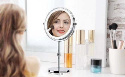 makeup mirror with lights in use applying cosmetics with LED ring illuminated