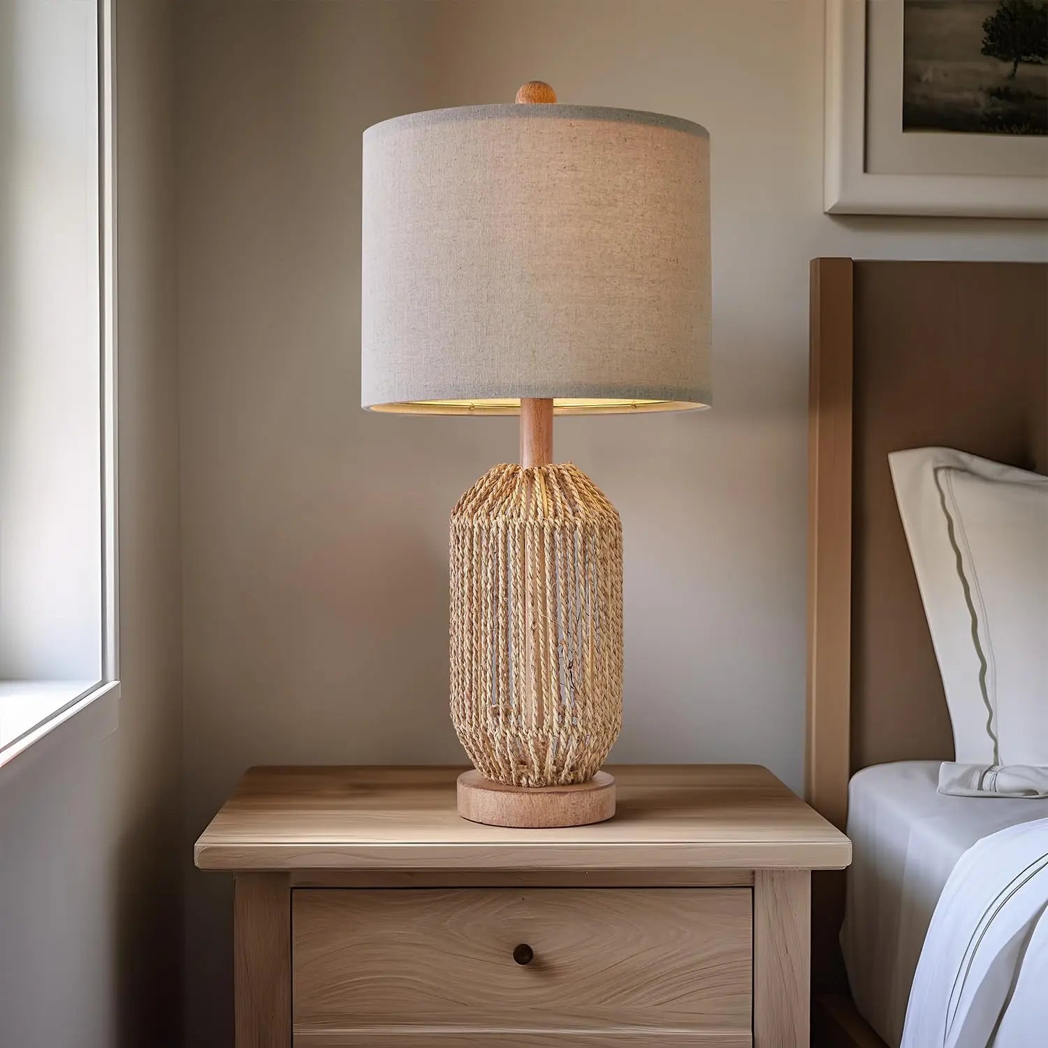 rattan bedside lamp on wooden nightstand in cozy bedroom