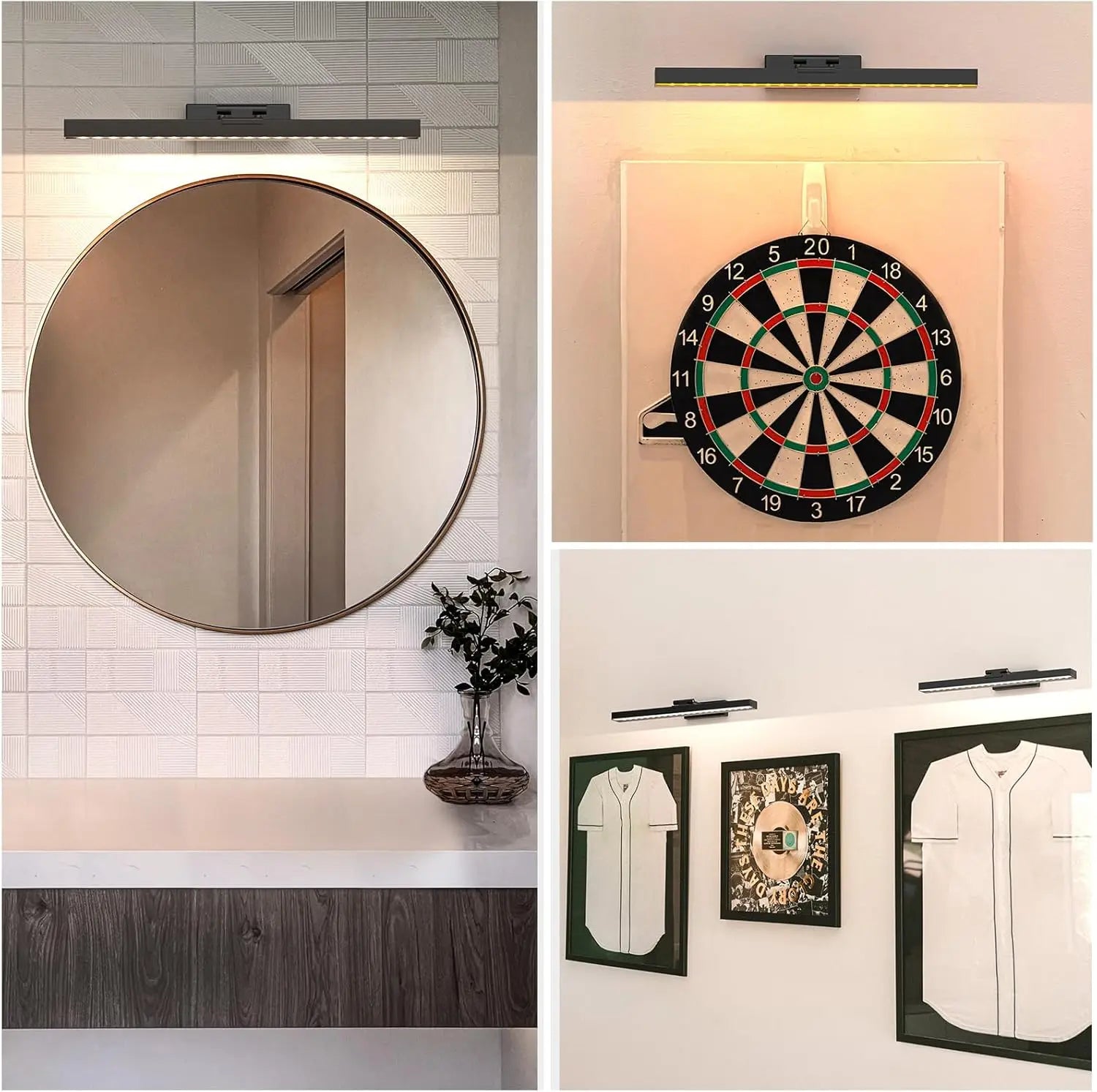 picture lights for wall showing bathroom mirror dartboard and gallery display