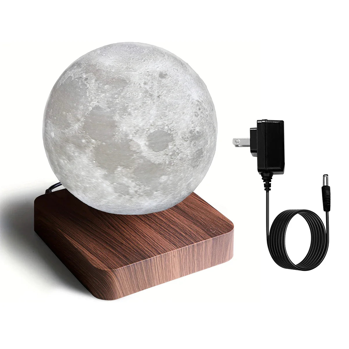 magnetic moon lamp with wooden base and adapter on white background
