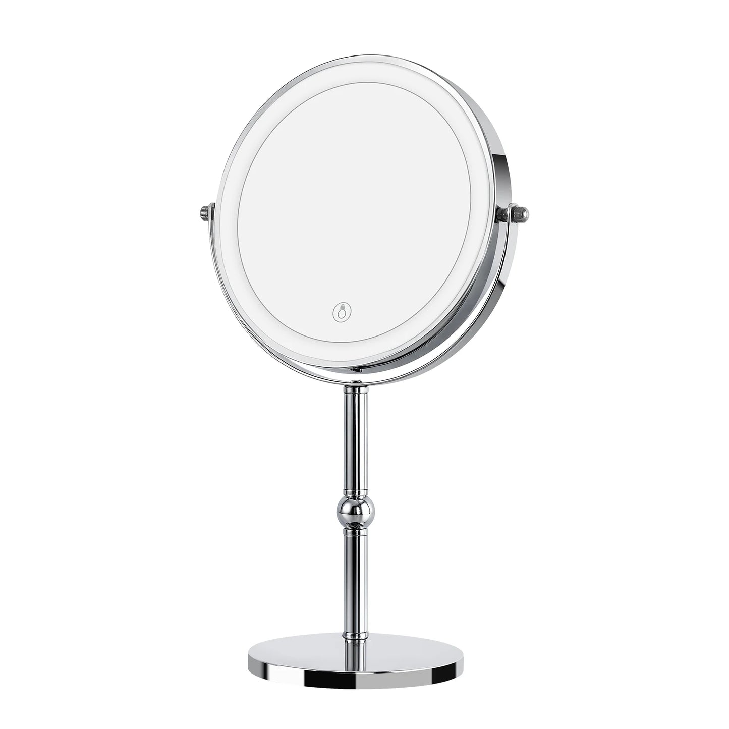 led makeup mirror with chrome pedestal stand and LED ring light on white background