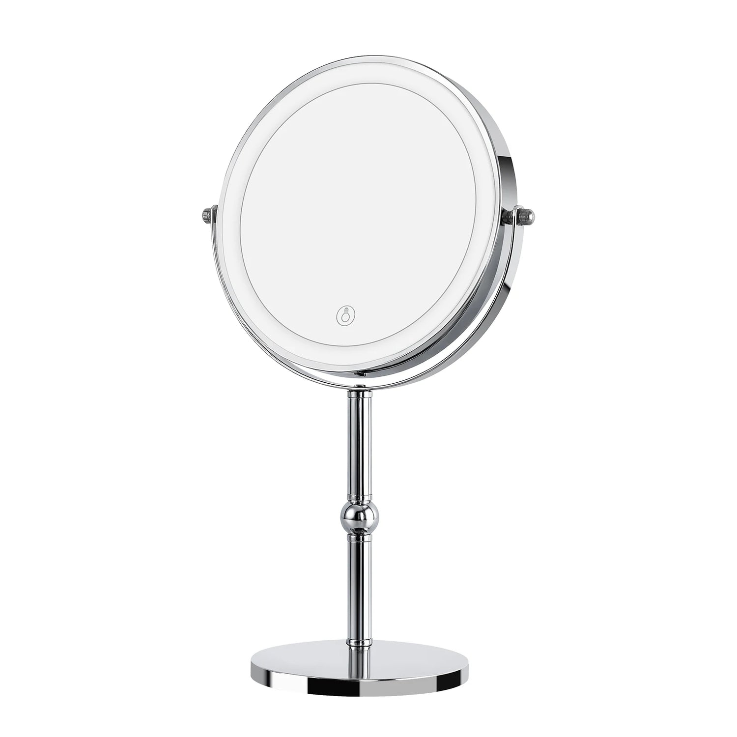 led makeup mirror with chrome pedestal stand and LED ring light on white background