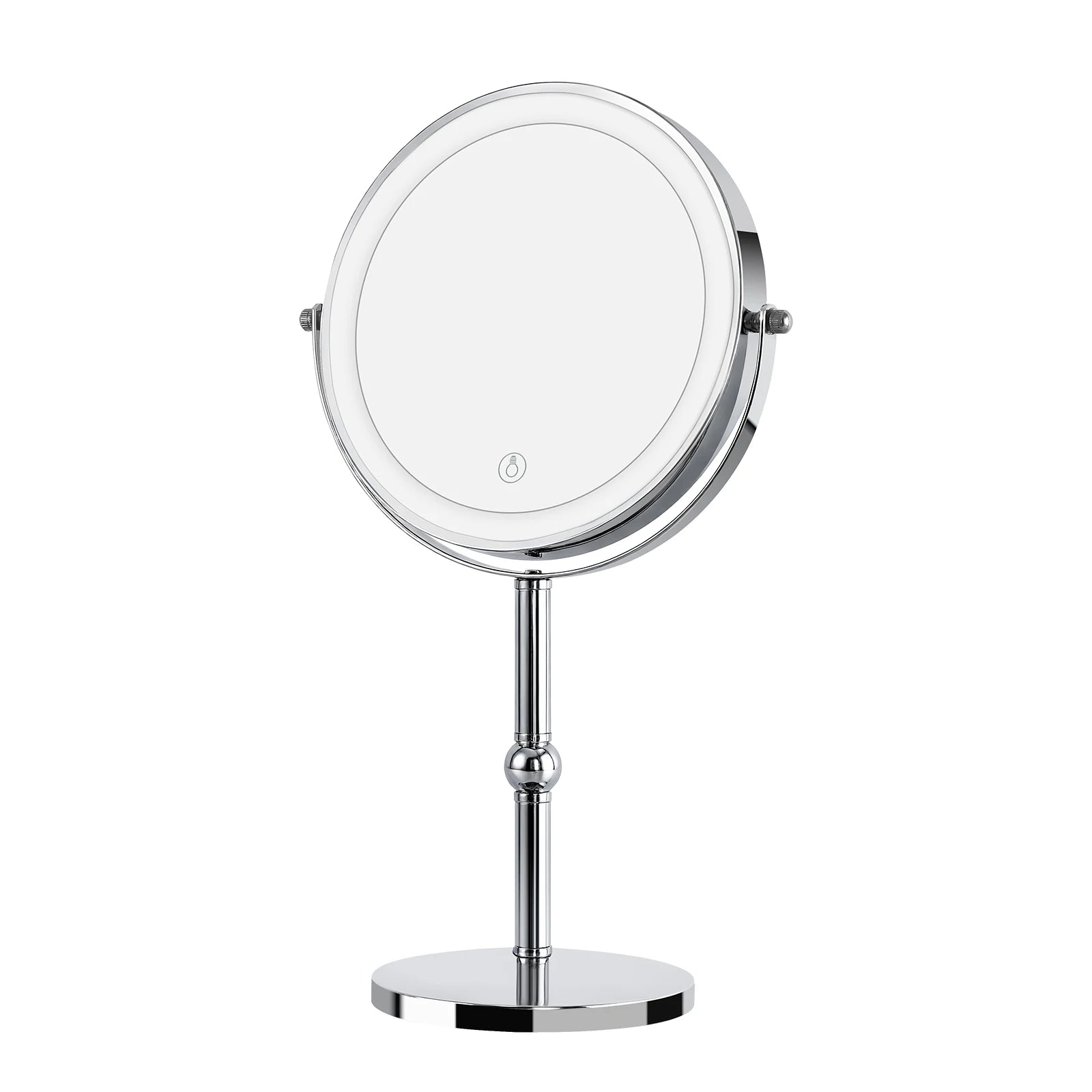 led makeup mirror with chrome pedestal stand and LED ring light on white background