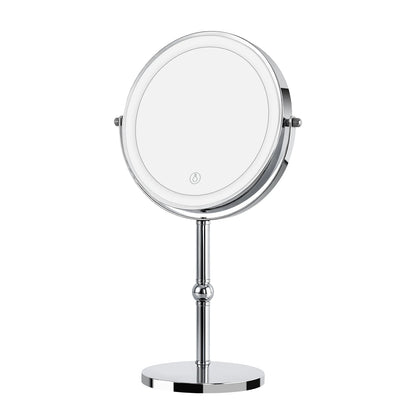 led makeup mirror with chrome pedestal stand and LED ring light on white background