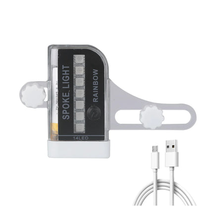 LED bike spoke light unit with USB charging cable on white background