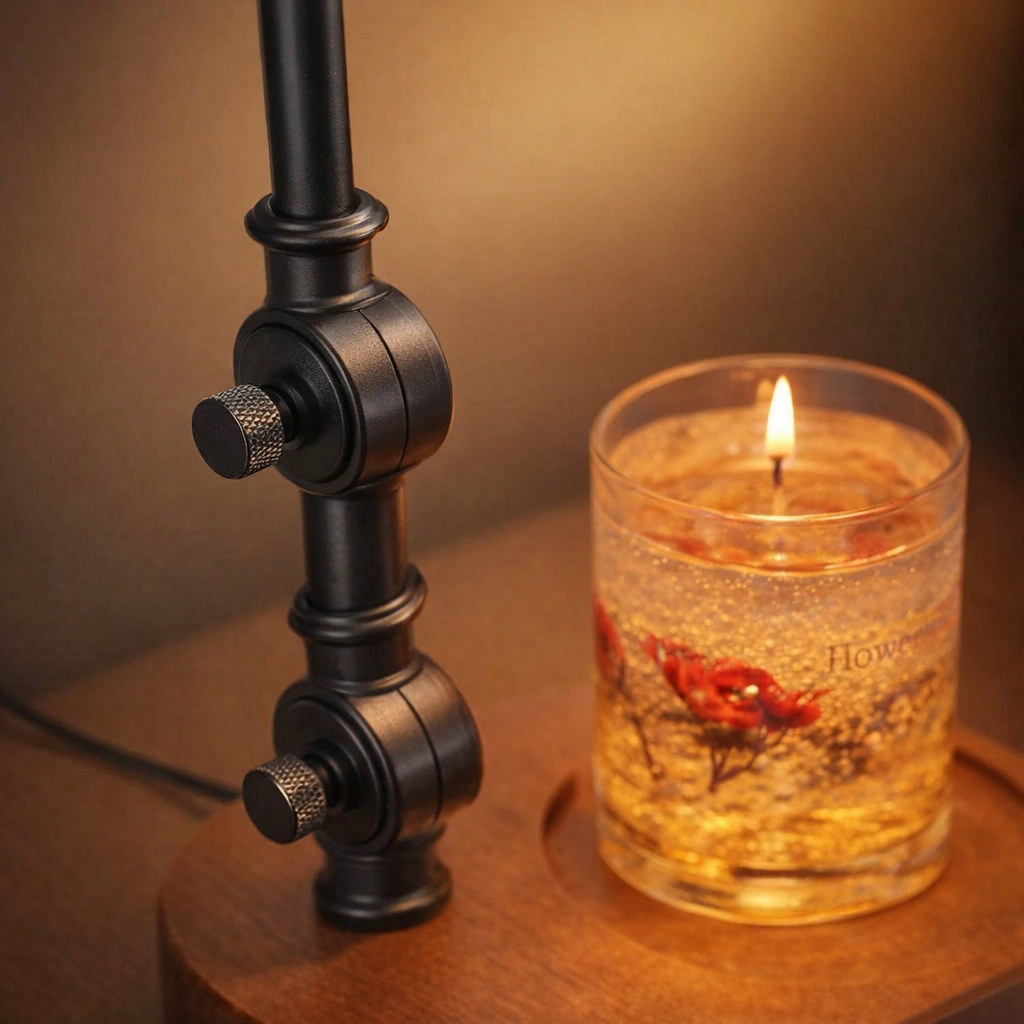 electric candle warmer lamp close-up showing adjustable height metal pole