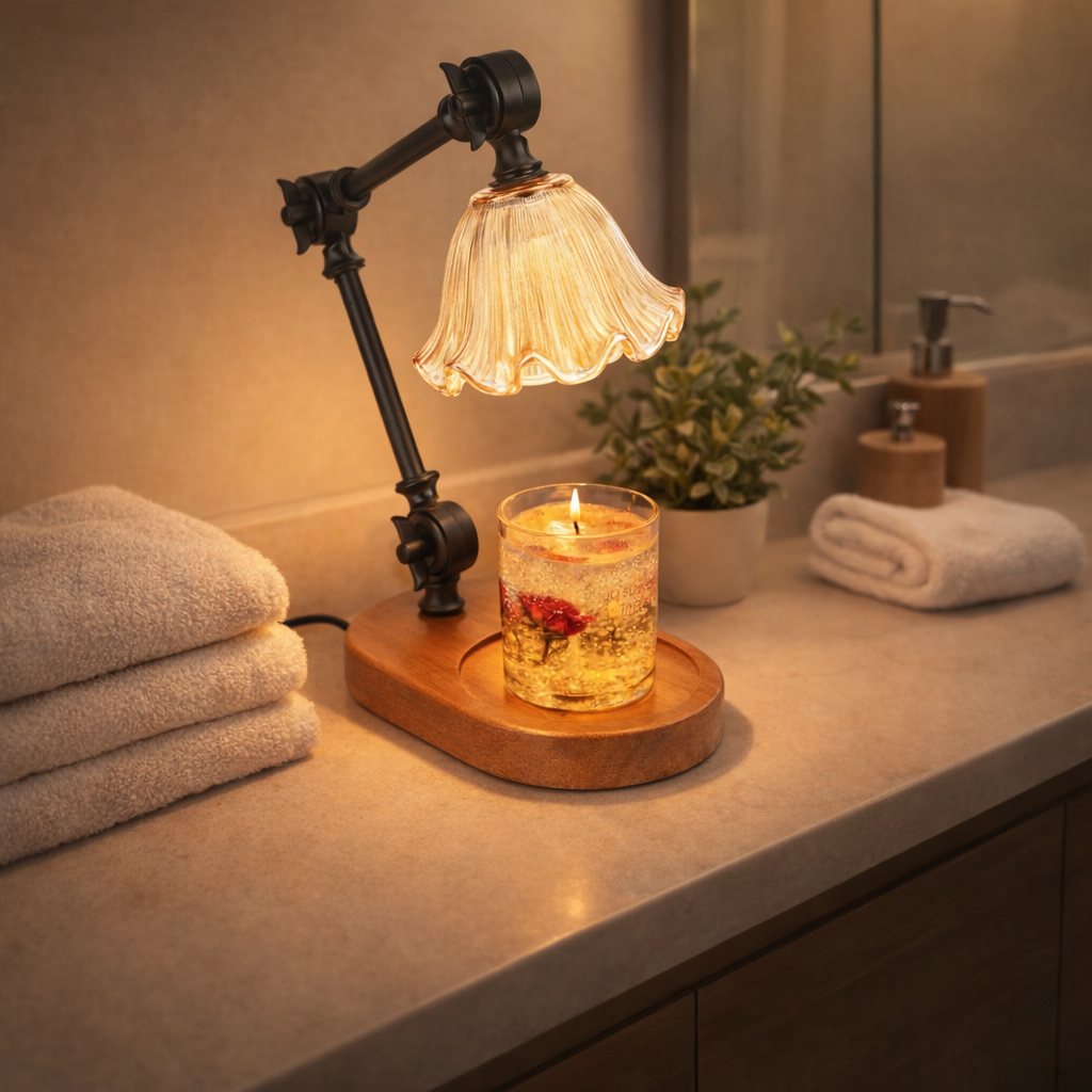 candle warmer lamp with timer in spa bathroom setting