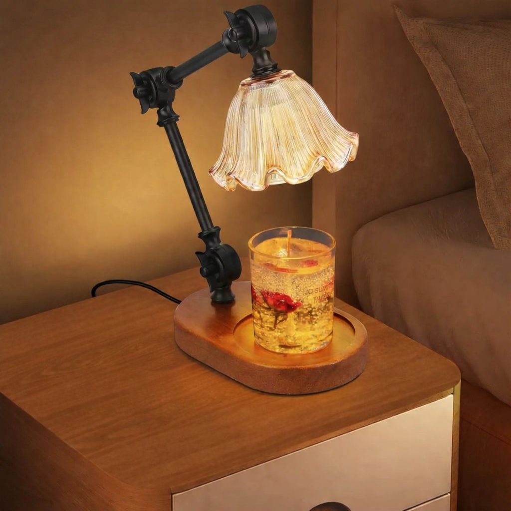 candle warmer lamp with timer on nightstand in warm bedroom