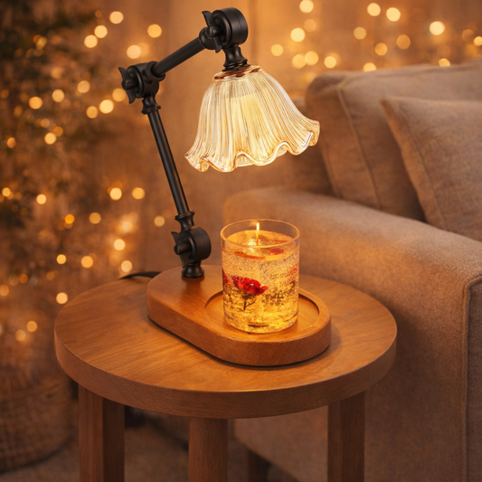 adjustable height candle warmer lamp with cozy bokeh lighting on living room table