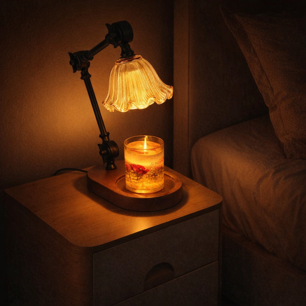 dimmable candle warmer lamp glowing warmly in dark bedroom