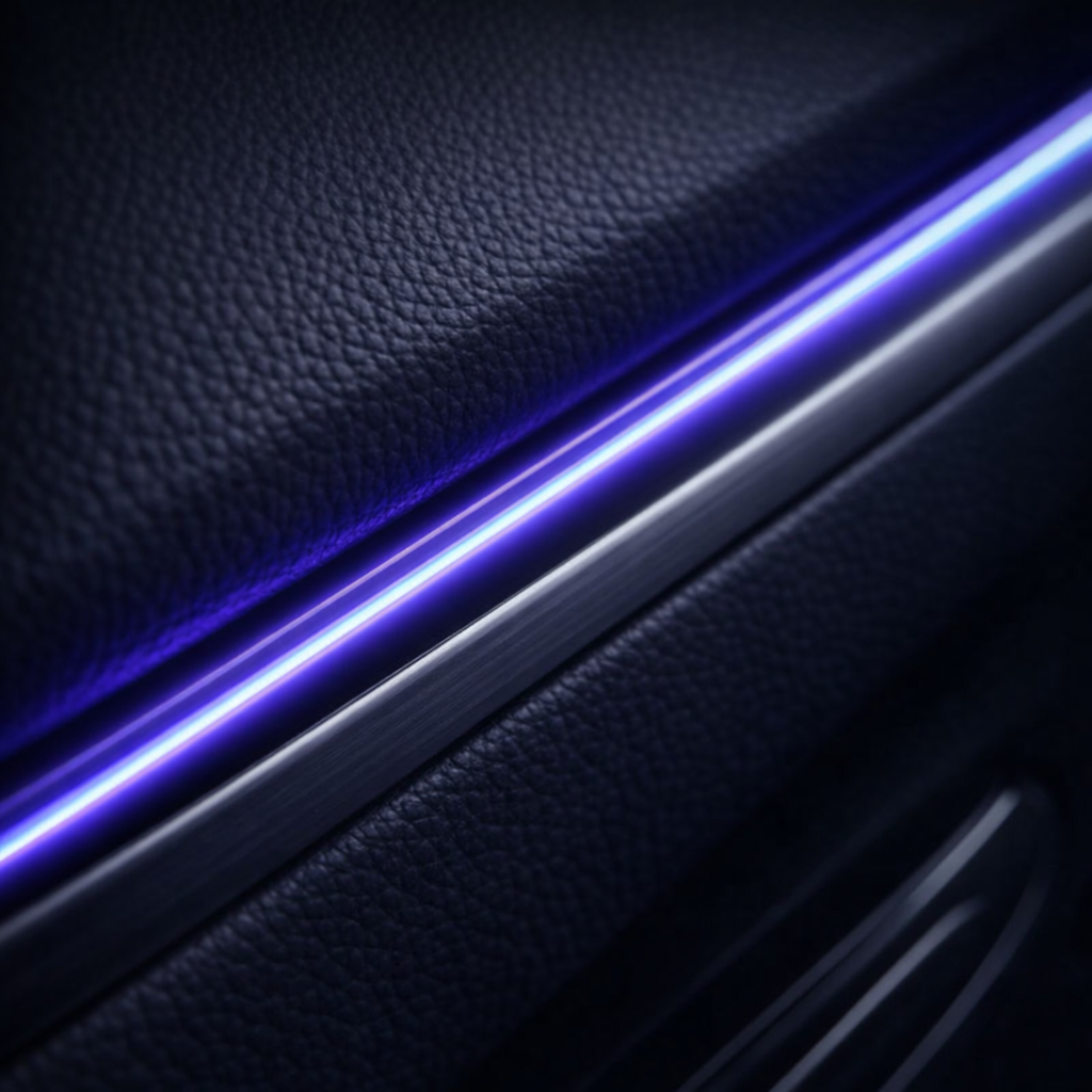 Car led strip lights fiber optic cable tucked into door panel trim with blue-purple ambient glow close-up
