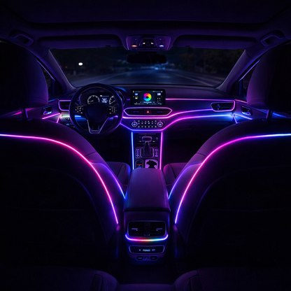 RGB car lights ambient lighting kit illuminating full car interior with purple and blue fiber optic strips