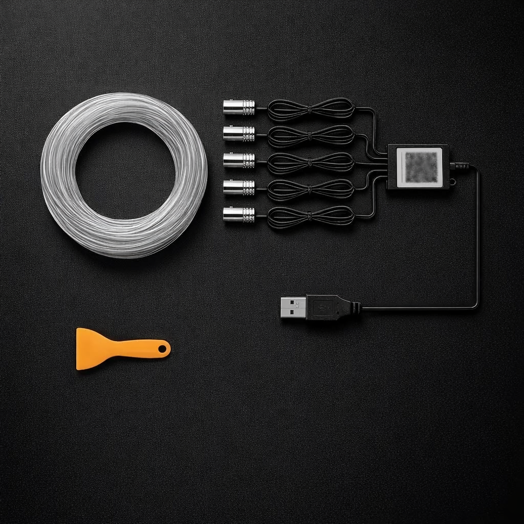 Car interior lighting kit contents flat-lay showing fiber optic LED strips controller USB cable and trim tool