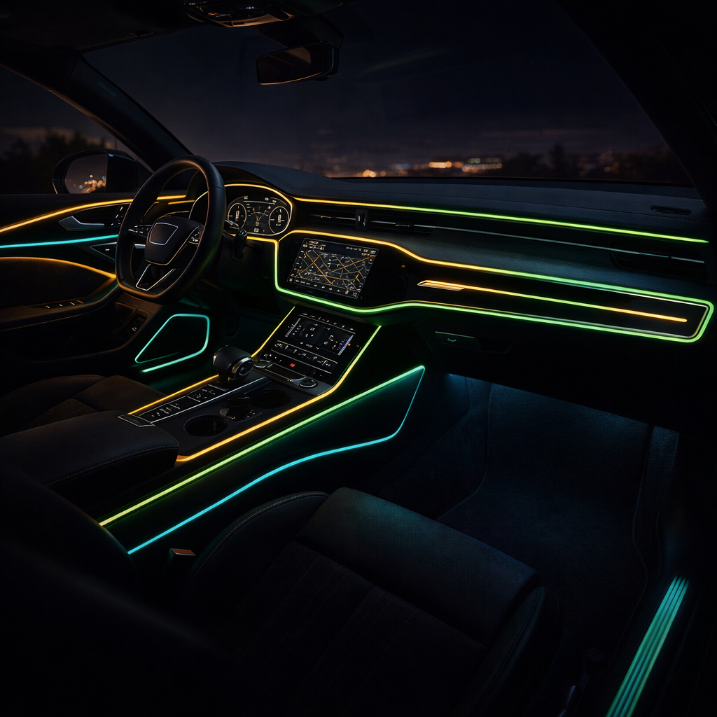 Car interior led lights showing green and teal ambient lighting color mode in modern vehicle dashboard