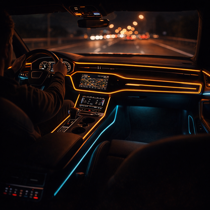 Car interior LED lights nighttime driving scene with warm amber and blue RGB ambient lighting glowing along dashboard and door panels