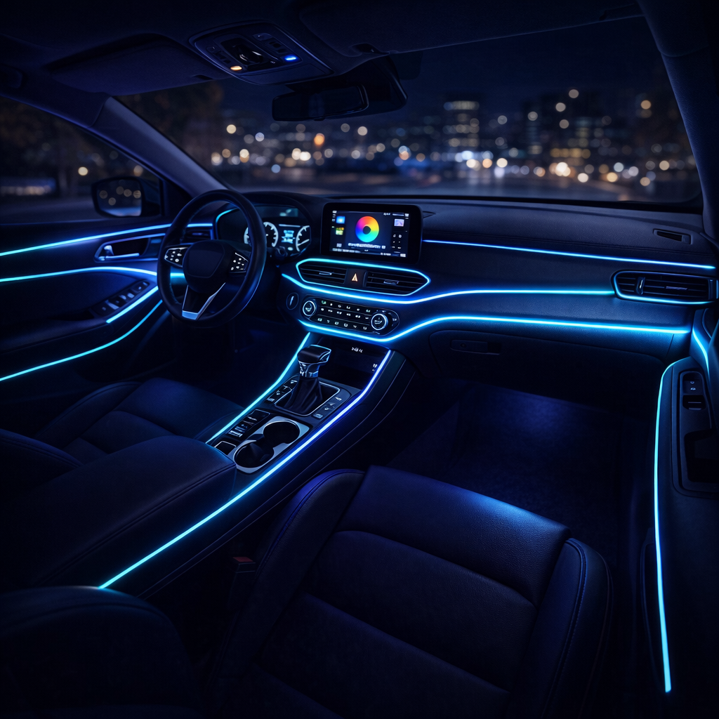 Car interior LED lights with vibrant cyan RGB ambient glow illuminating dashboard door panels and center console at night