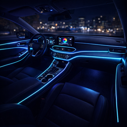 Car interior LED lights with vibrant cyan RGB ambient glow illuminating dashboard door panels and center console at night