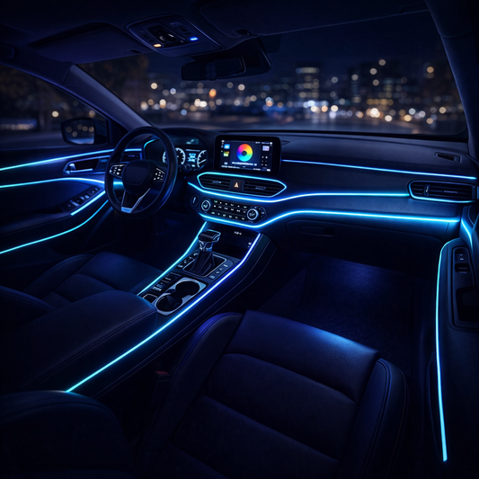 Car interior LED lights with vibrant cyan RGB ambient glow illuminating dashboard door panels and center console at night