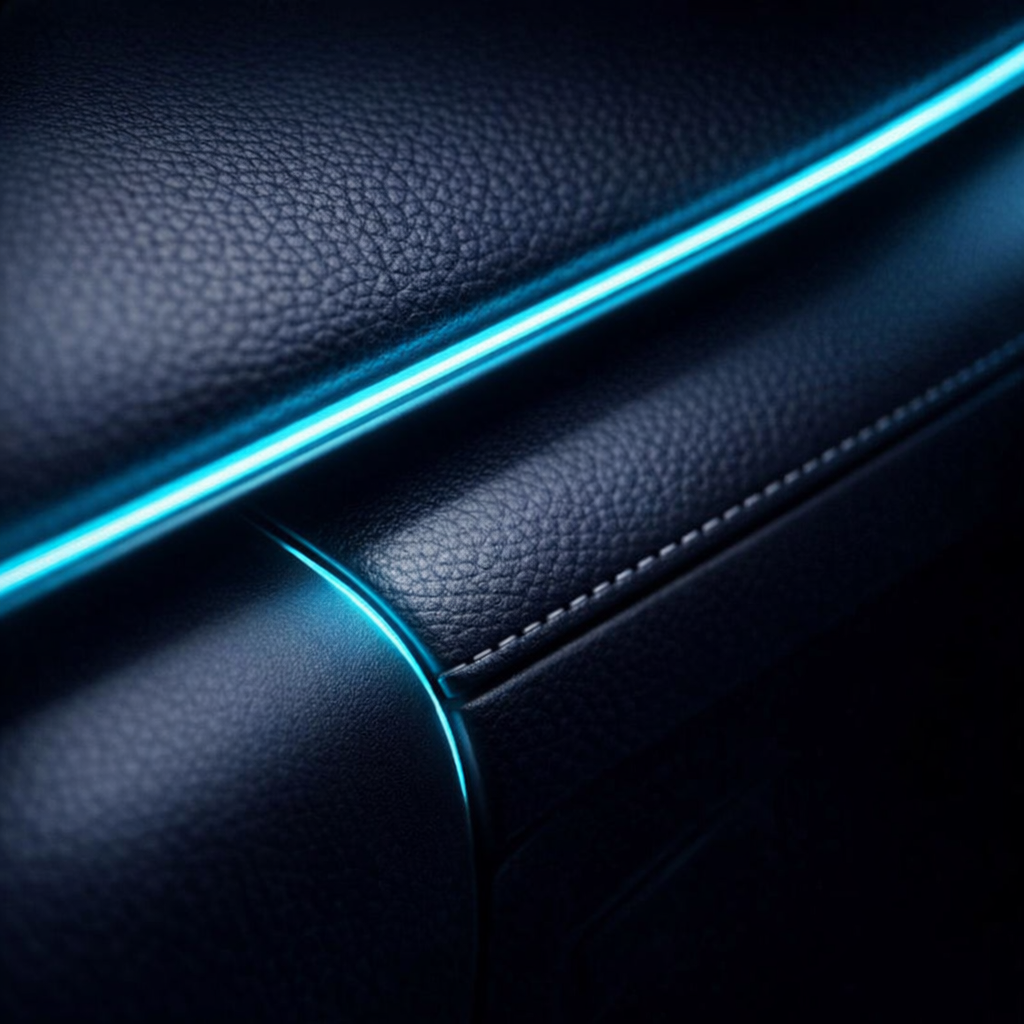 Fiber optic car interior led lights seamlessly integrated into dashboard trim with cyan ambient glow