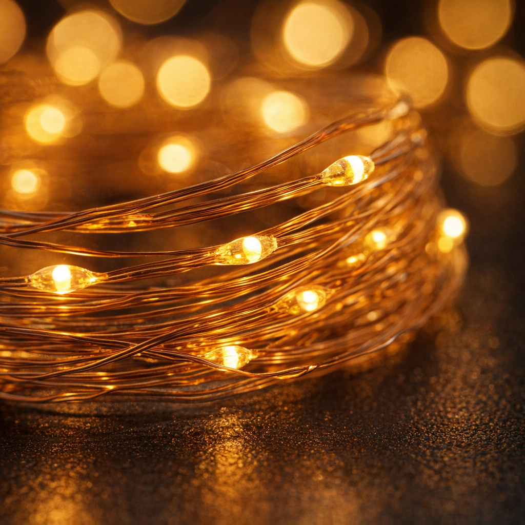 battery powered fairy lights close-up showing copper wire detail and tiny warm LED bulbs with bokeh
