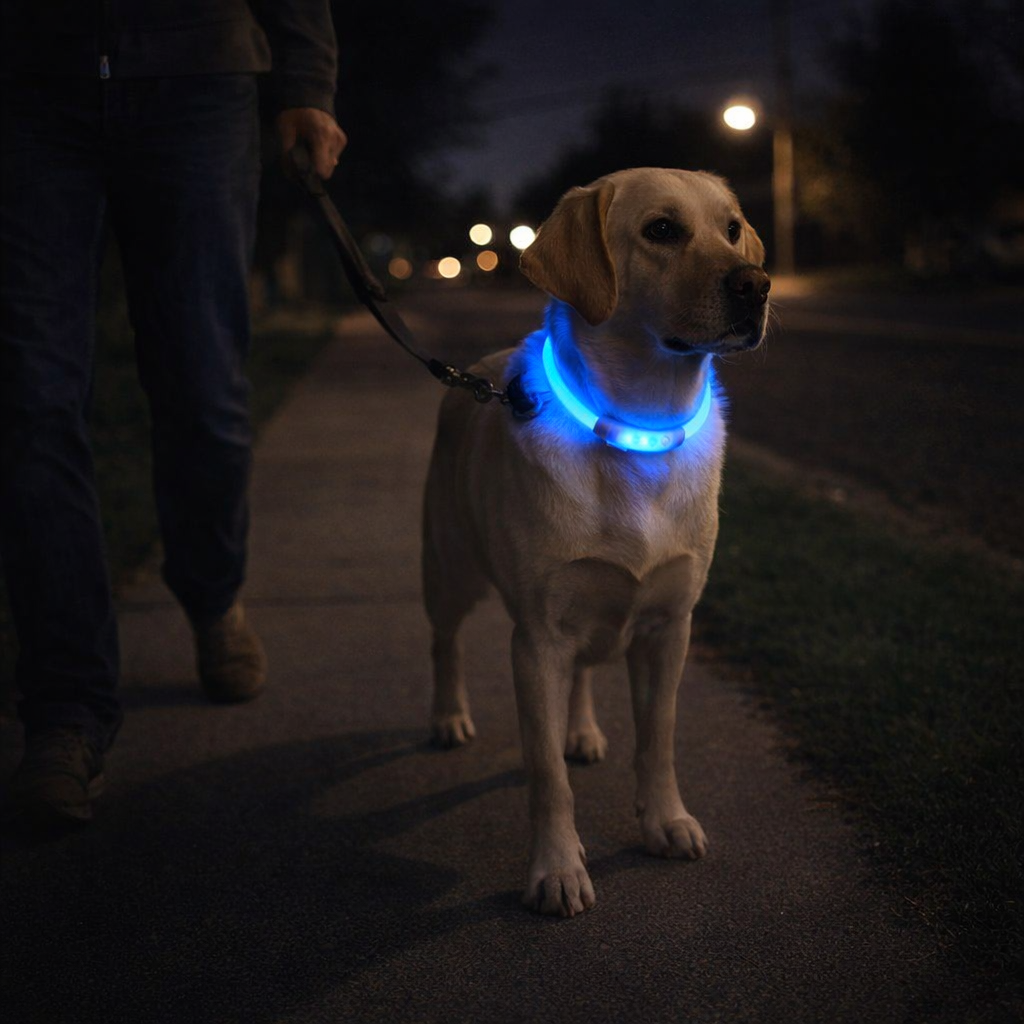 rechargeable light up dog collar glowing blue during nighttime walk on dark sidewalk