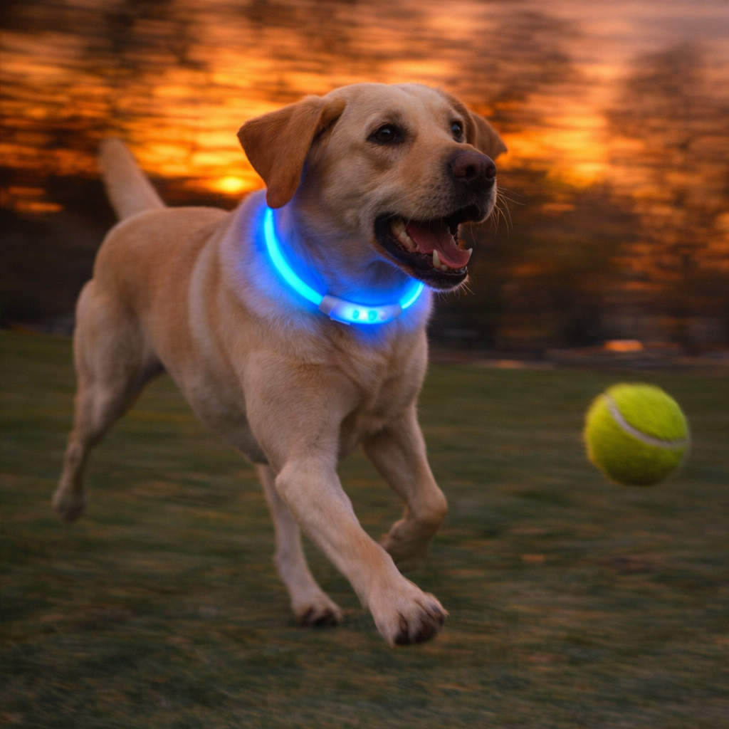 led dog collar on dog playing fetch at dusk in park